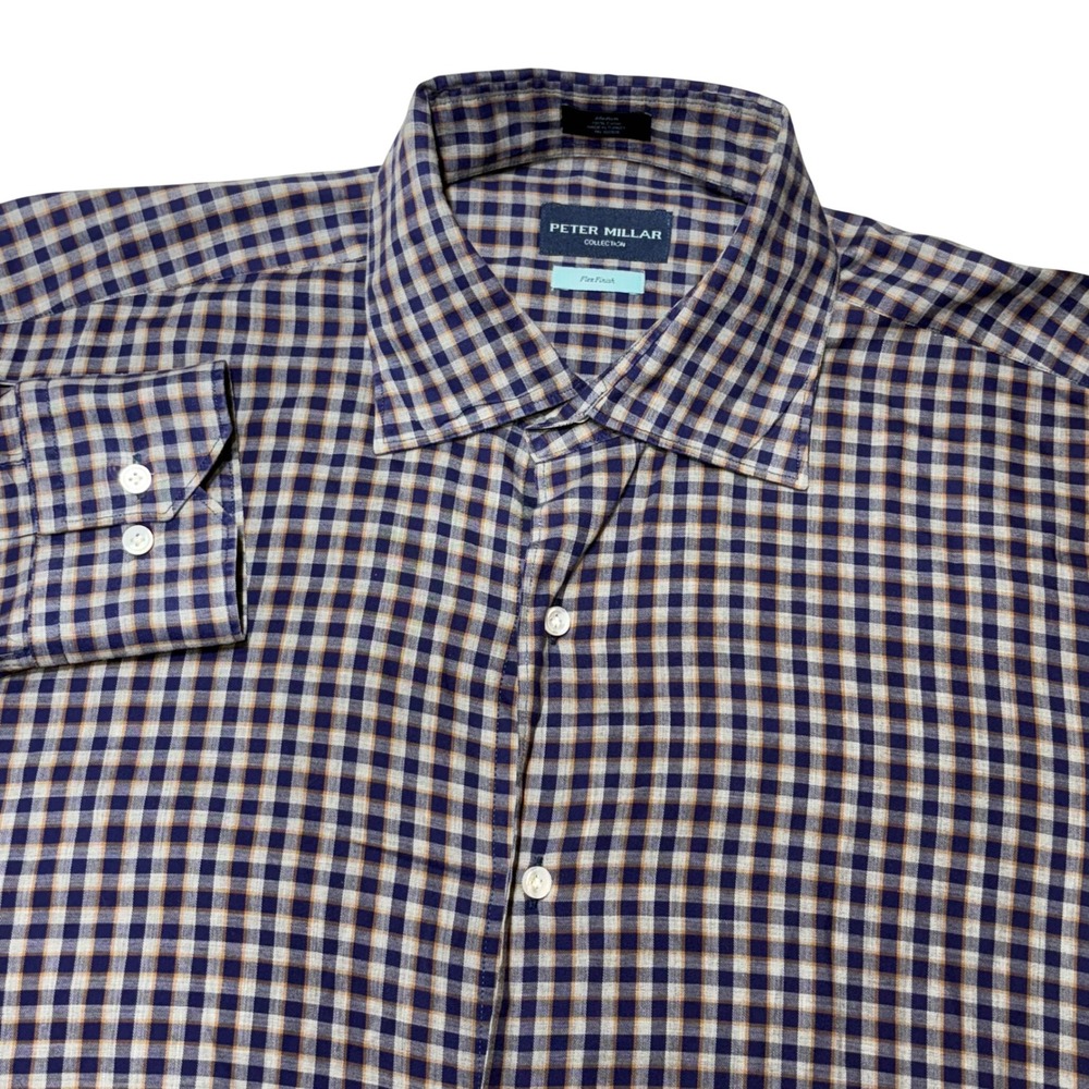 Peter Millar Collection Mens M Gingham Button Down Shirt Long Sleeve Flex Finish